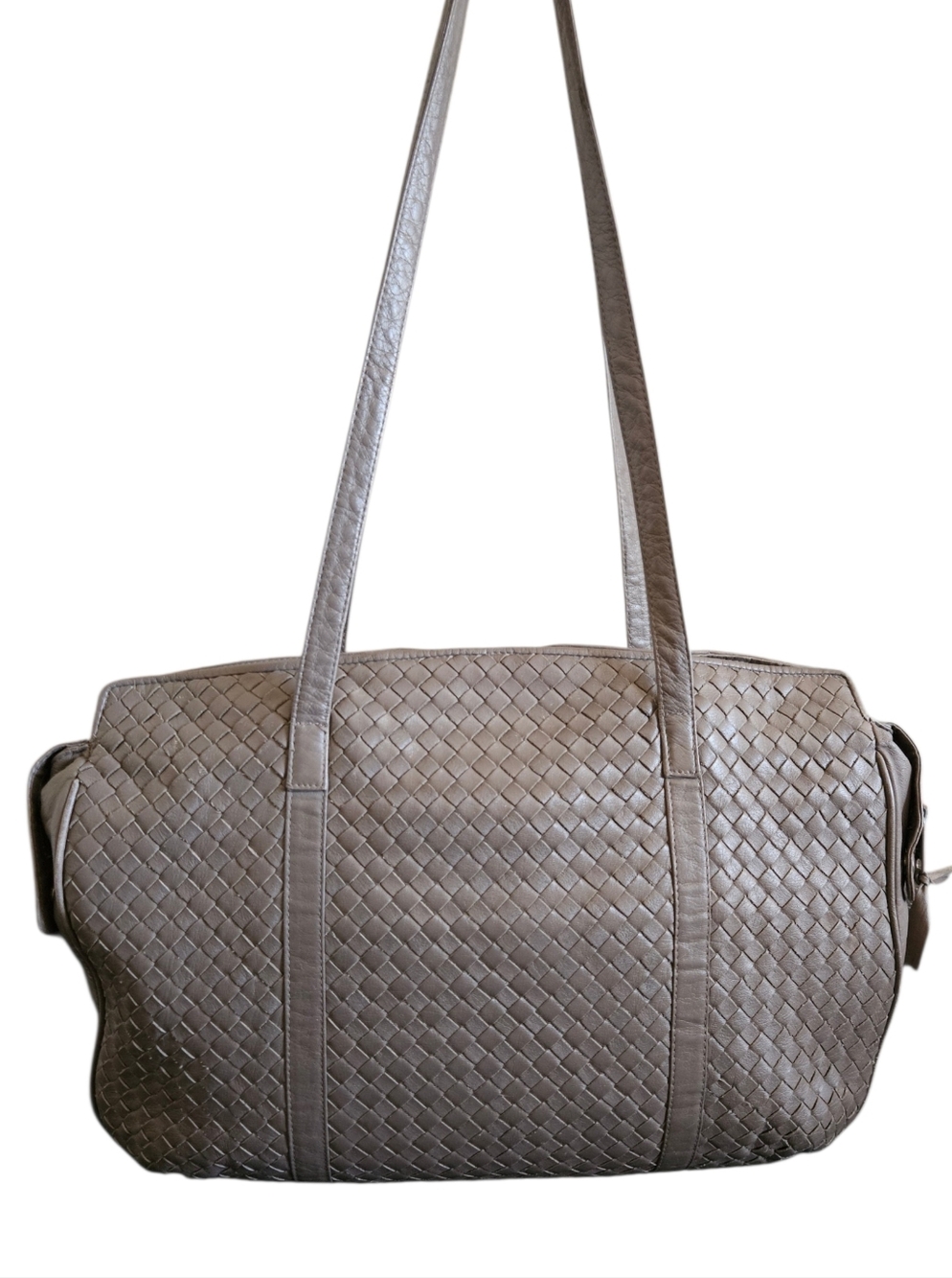 Vintage 80's Aspects Woven Leather Satchel Large Tote Bag in Taupe